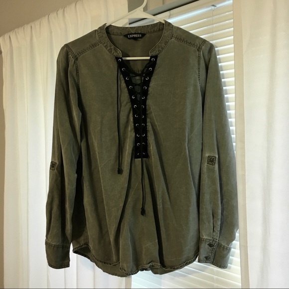 Express Tops - Express Army Green and Black Lace-up Top
